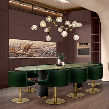 AGRA III DINING TABLE, BOURBON II DINING CHAIR, HORUS IRREGULAR SUSPENSION LIGHT